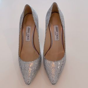 EUC • Jimmy Choo • silver glitter heels • size 38.5